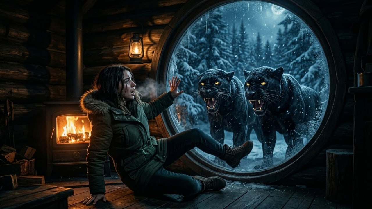A unique, barrel-shaped wooden cabin with a massive circular glass door, dimly lit from within, standing isolated in a snow-covered pine forest under a dark night sky.