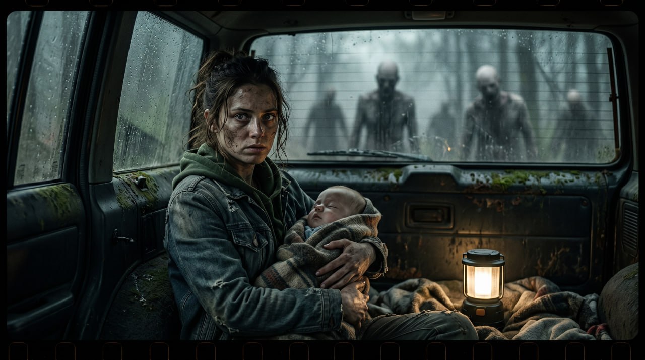 A rusted, mud-splattered vintage sedan sits half-submerged in dense, fog-shrouded foliage within a dark forest. The scene evokes abandonment, isolation, and an unsettling sense of dread.