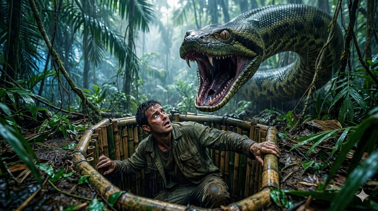 A solitary figure stands at the reinforced steel hatch of a jungle bunker, peering into a dense, mist-shrouded rainforest under a strangely colored sky.