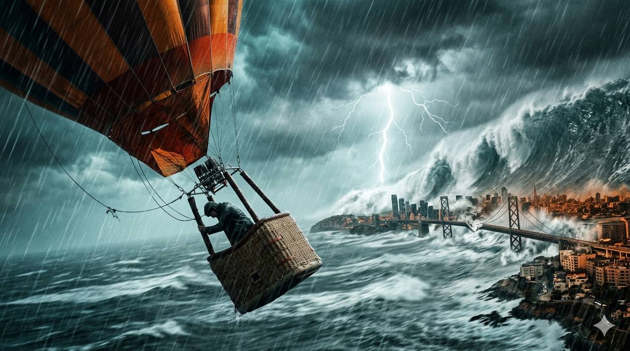A lone, makeshift raft carrying a woman and two small children floats on a vast, turbulent, grey ocean under a perpetually stormy sky, with no land in sight.
