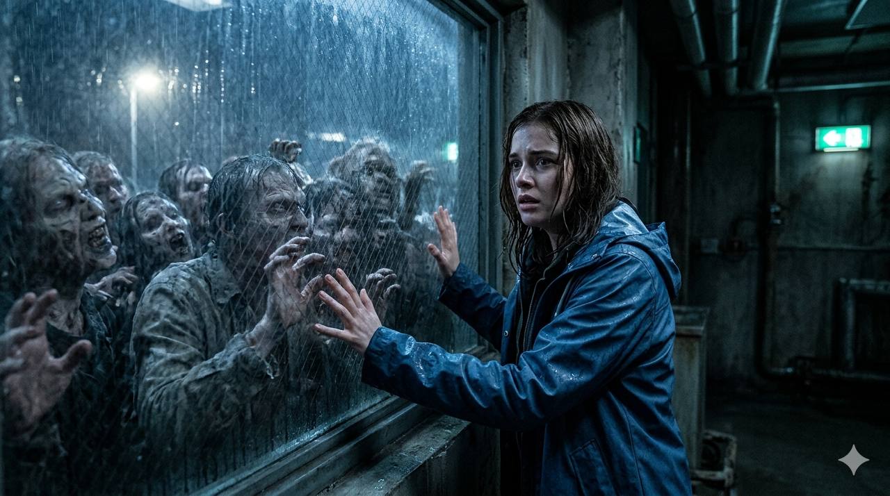 A lone figure, Elara Vance, stares out through a large, reinforced glass wall at a desolate, fog-shrouded landscape filled with the shambling forms of the reanimated, her face reflecting a mix of fear and grim determination.