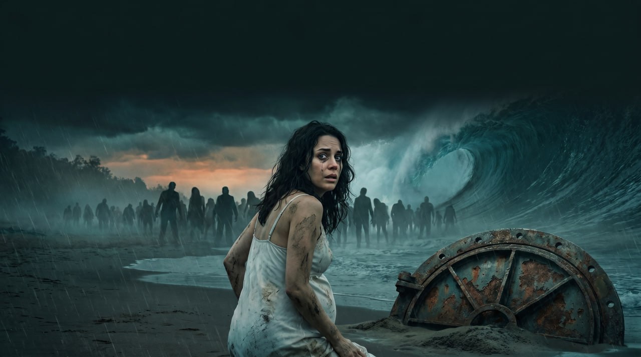 A pregnant woman, mud-splattered and weary, stares towards a distant, partially submerged coastal town under a stormy, grey sky, implying urgency and danger.