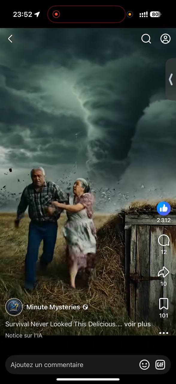 A dark, ominous storm cloud looms over a desolate, rural landscape with a few scattered, weathered farmhouses and dense, dark forest in the background, hinting at an impending natural disaster.