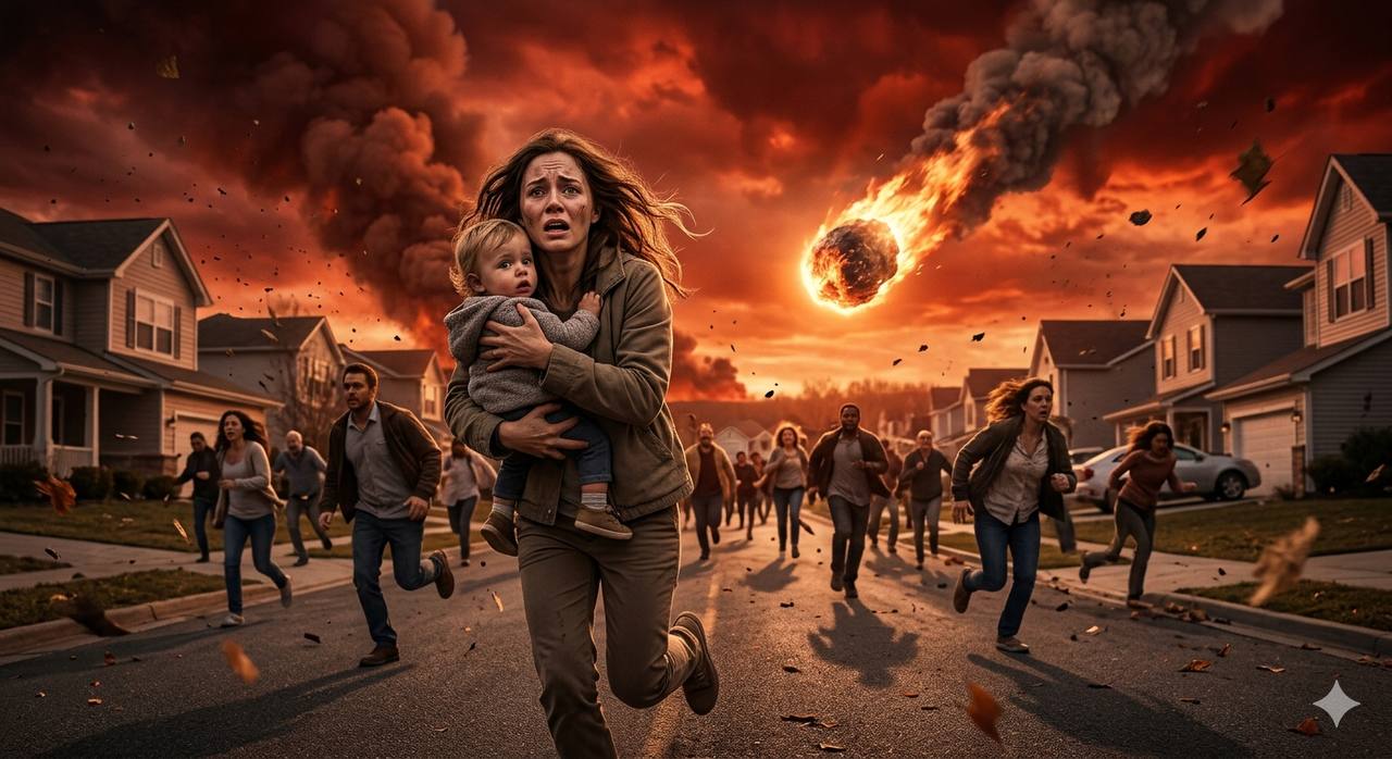 A distressed mother holding her child, both looking up at a sky streaked with orange and red, as if on the verge of a catastrophic impact, hinting at a desperate escape to a bunker.