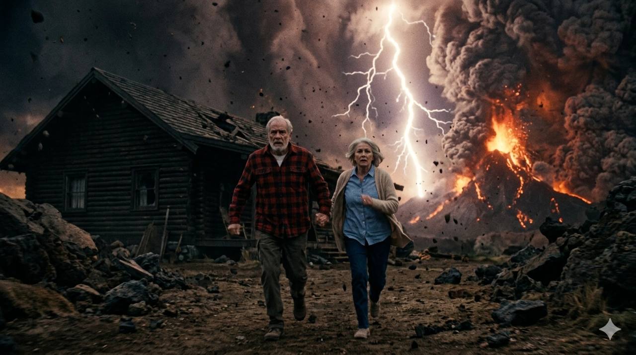 A serene, mist-shrouded mountain, Mount Cinder, looms over a small, quaint farmhouse nestled in a lush valley before its devastating eruption.