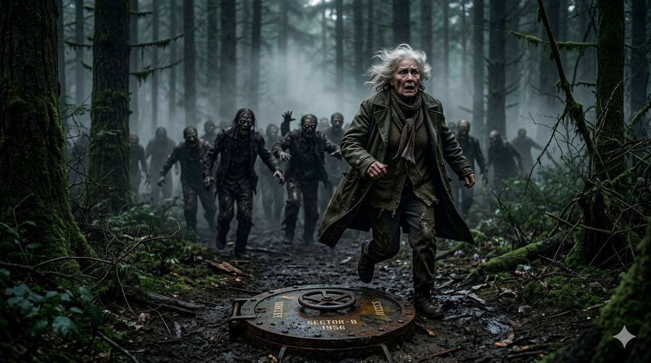 An old woman, Elara Vance, struggling through a dense, muddy forest at dusk, trees dark and ominous, with a sense of unseen presence behind her.