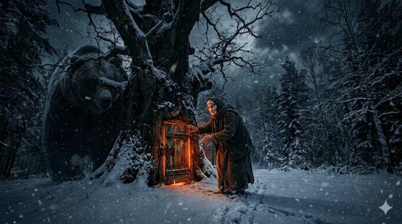 A gnarled, massive ancient tree with a carved wooden door set into its trunk, surrounded by deep, untouched snow under a dark, overcast sky in a remote, wintery forest.