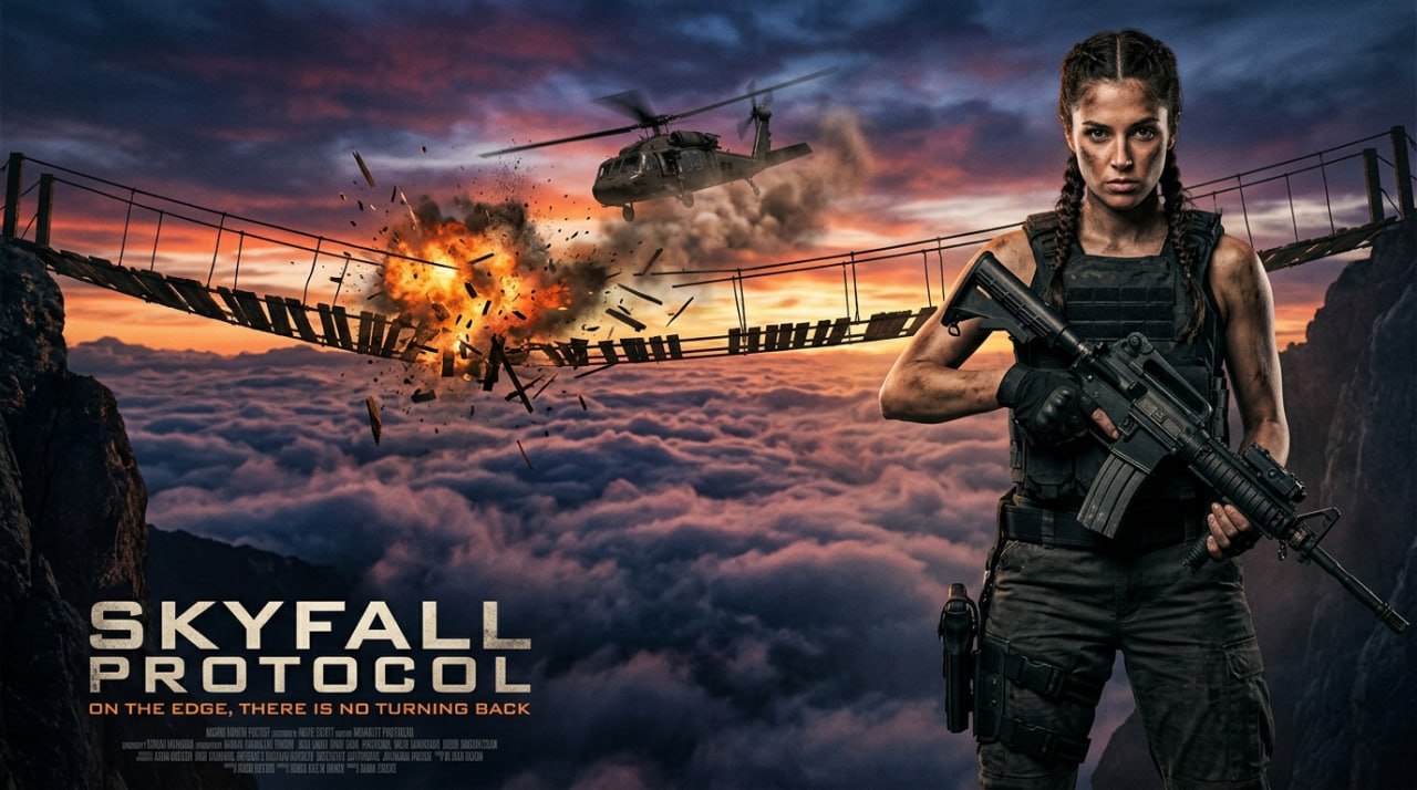 A weathered wooden bridge high in a mountainous, cloudy landscape, with a silhouette of a person running and a distant helicopter.
