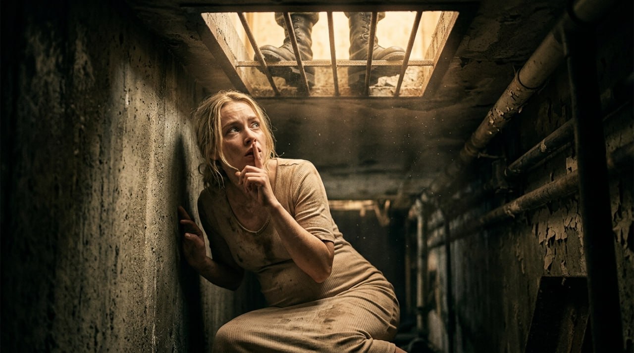A dimly lit, narrow underground bunker hallway with shelves stocked with dusty canned goods and emergency supplies, leading into deeper darkness.