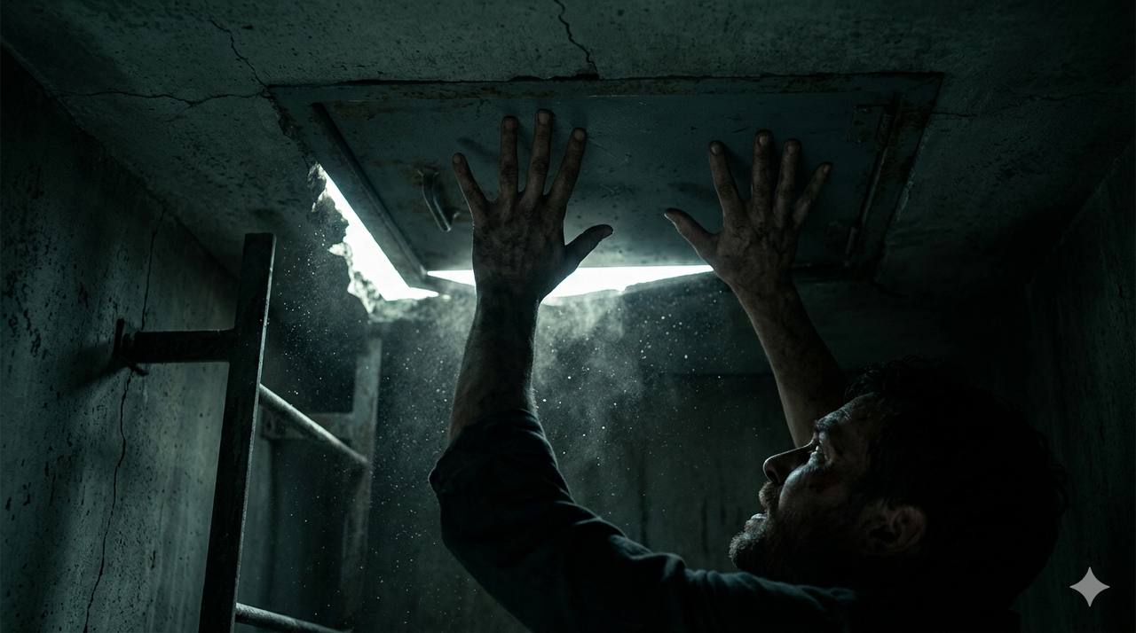 A dark, rubble-filled void where a storm cellar entrance once stood, with a faint, distant light suggesting an unknown depth below.