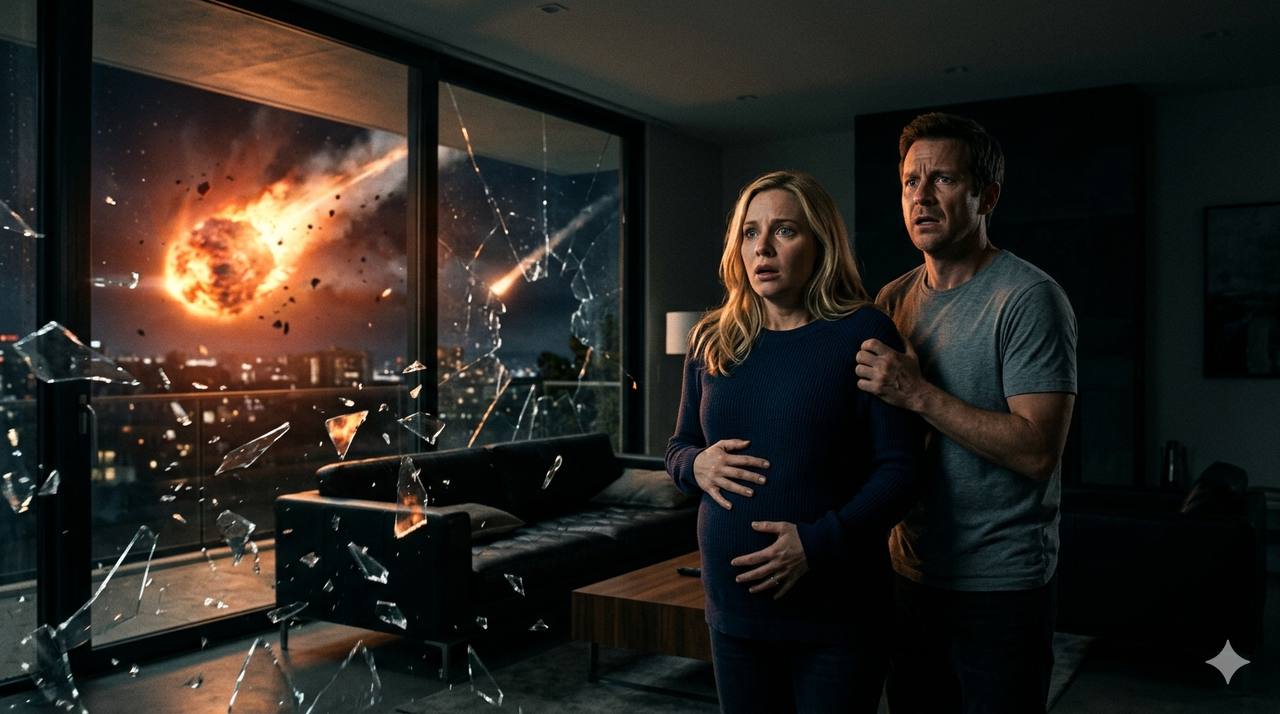A man and a pregnant woman, illuminated by a dim lantern, nervously listen in a concrete bunker, as dust sifts from the ceiling and unseen shadows loom.