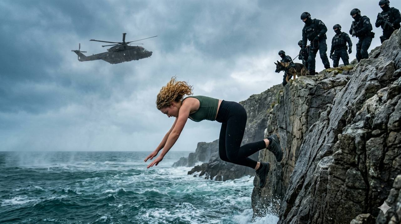 A dramatic aerial view of a rugged, storm-battered cliff face plunging into a turbulent, dark ocean, with faint outlines of a helicopter and ground personnel visible near the edge.
